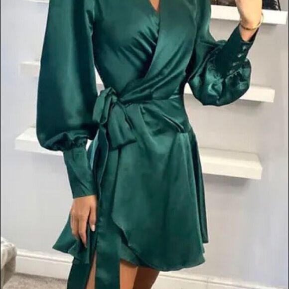 Green Satin Mini Wrap Dress Long Sleeve - Picture 3 of 7